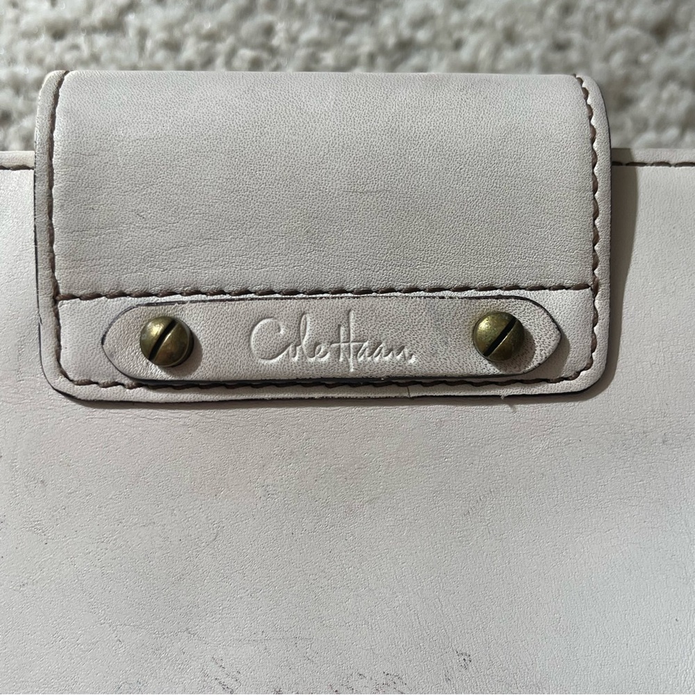 Cole Haan Cream Leather studded kiss-lock snap large clutch purse